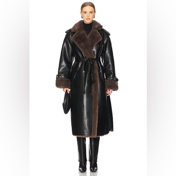 WeWoreWhat Jackets & Blazers - NWT WEWOREWHAT Bonded Faux Fur Trench Coat Vegan Leather Black Carmel 6822